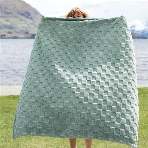 Sage Green Fleece Blanket for Couch - Checkered Throw Blanket 50x60 - Picture 3 of 7